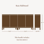 Diagram of the Kaia Sideboard with dimensions. This piece, embodying natural modernism, includes two Kaia 2-door cabinets, each measuring 31.5 wide and 31.7 tall, with jute-woven doors and a 15.75 side piece, offering versatile storage solutions for any space.