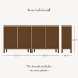 Diagram of the Kaia Sideboard with dimensions. This piece, embodying natural modernism, includes two Kaia 2-door cabinets, each measuring 31.5 wide and 31.7 tall, with jute-woven doors and a 15.75 side piece, offering versatile storage solutions for any space.