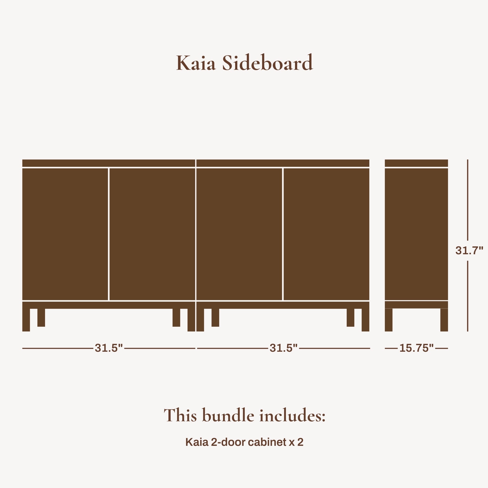 Diagram of the Kaia Sideboard with dimensions. This piece, embodying natural modernism, includes two Kaia 2-door cabinets, each measuring 31.5 wide and 31.7 tall, with jute-woven doors and a 15.75 side piece, offering versatile storage solutions for any space.