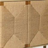 Close-up of a cabinet with a geometric pattern made of handcrafted jute woven material, featuring two vertical panels and metal accents at the corners, embodying natural modernism.