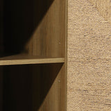 Close-up of a wooden shelf corner with a textured, jute-woven material on one side, showcasing natural modernism.