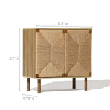 A wooden cabinet featuring handcrafted jute woven doors on four legs embodies natural modernism. With dimensions of 31.7 height, 31.5 width, and 15.75 depth, it includes adjustable shelves for versatile storage options.