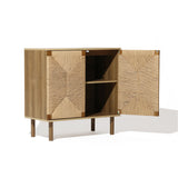 A wooden cabinet with two jute-woven doors reveals two shelves inside, offering versatile storage solutions. It stands on four short legs, embodying natural modernism.