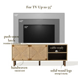 Mid-century modern TV stand with a push-open latch and woven rope facade, featuring cable-ready shelves and a cable management hole. Solid wood legs support TVs up to 55 inches.