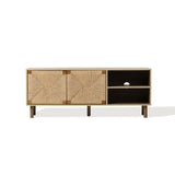 A wooden sideboard featuring a mid-century modern design with two closed woven rope facade cabinets on the left and two open shelves on the right, all set on four sturdy legs.