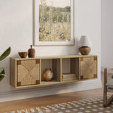 A mid-century modern, wooden wall-mounted cabinet with a woven rope facade proudly displays pottery and books. Above it, a nature-themed painting hangs elegantly. A lamp and more pottery adorn the top, while a nearby plant adds a touch of greenery to the serene setting.