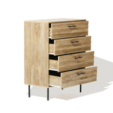 The LuxenHome Casper mid-century modern chest features four drawers with a light natural finish and black metal handles. It stands elegantly on slim black metal legs, blending functionality with timeless design.