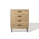 The LuxenHome Casper chest features a modern, mid-century design with walnut wood grain and black metal handles and legs, standing stylishly against a white background.