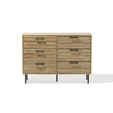 The LuxenHome Casper mid-century modern dresser features six drawers in a natural brown wood grain finish. Each drawer has a sleek black handle, and the unit stands on four short black metal legs. Photographed against a plain white background, it embodies style and functionality.