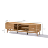 The Eric oak finish 70 TV stand by LuxenHome features a minimalist mid-century modern design with two side cabinets, central drawers, and open shelves. Its natural oak finish and angled legs enhance its 21.25-inch height, making it a stylish addition for TVs up to 75.