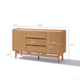 The LuxenHome Eric oak finish 55 sideboard features a Mid-Century Modern design with three drawers and two cabinets. Its dimensions are 55.16W x 31.61H x 15.35D, with drawer heights of 6.61, 15.28, and 21.65, and a base height of 7.99.