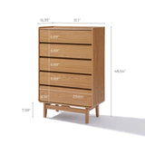 The LuxenHome Eric oak finish five-drawer chest boasts a Mid-Century Modern design with a height of 48.54 inches, width of 31.1 inches, and depth of 15.35 inches. The top four drawers are 6.69 inches tall while the bottom drawer is 8.19 inches tall, crafted in walnut wood style.
.