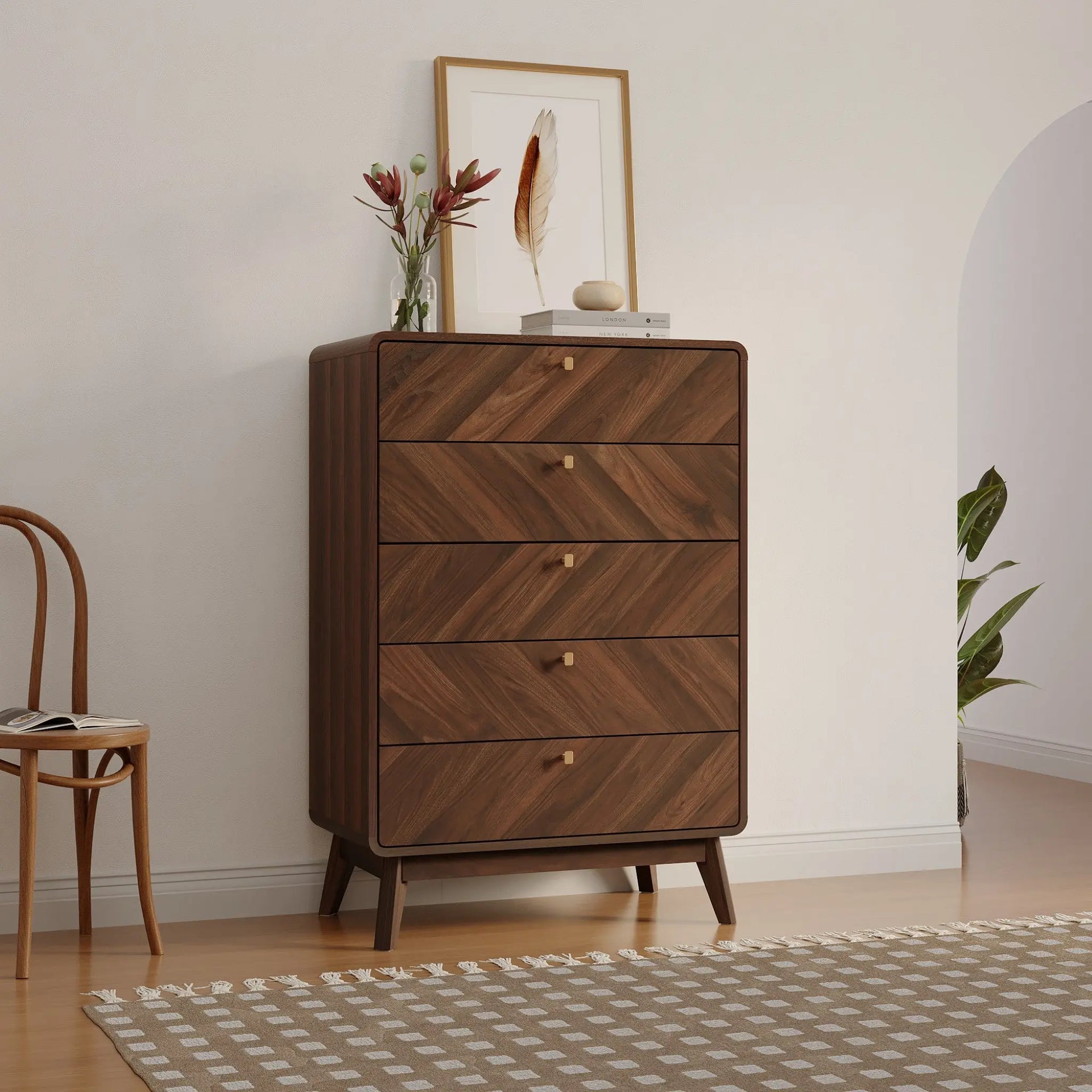 Theo mid-century modern walnut finish 5-drawer dresser – LuxenHome