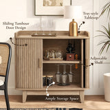 Fluted tambour door oak finish storage cabinet with tray top