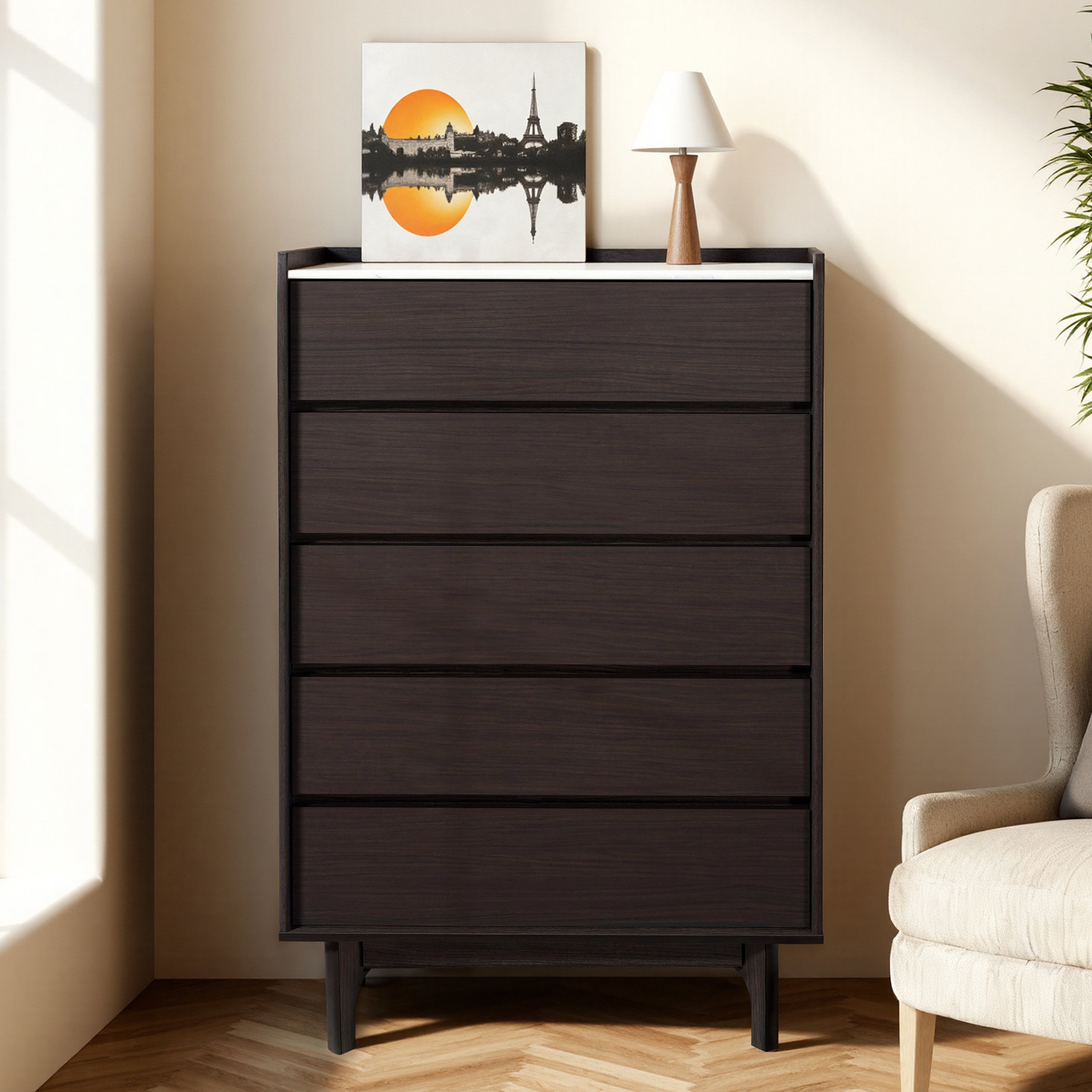 LuxenHome Modi Wenge Brown 46.8 in. 5-Drawer Accent Chest with Raised Sides, Faux Marble Top, Manufactured Wood
