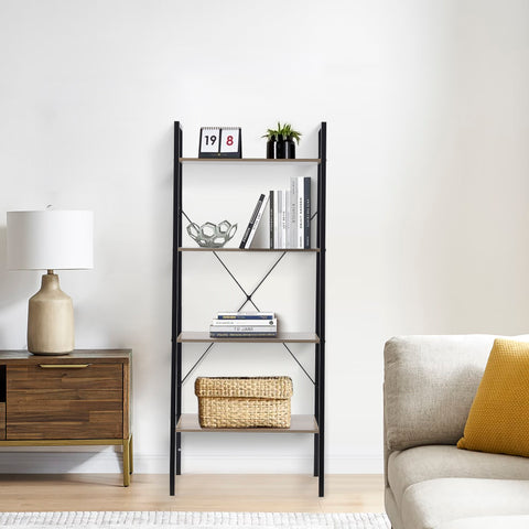 4-Shelf 58.3" x 23.62" W Wood and Metal Ladder Bookcase