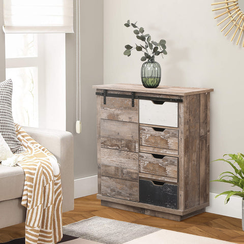 Rustic-wood-storage-cabinet-with-two-adjustable shelves-and-colored-pullout-drawers