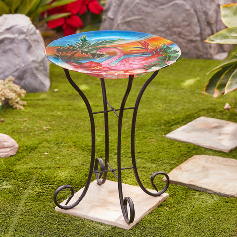 Flamingo Glass Birdbath with Metal Stand