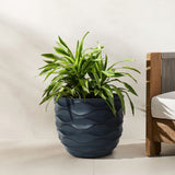 A green leafy plant rests in a dark blue, wavy-patterned pot planter, creating a botanical paradise on the light floor beside a wooden-framed sofa.