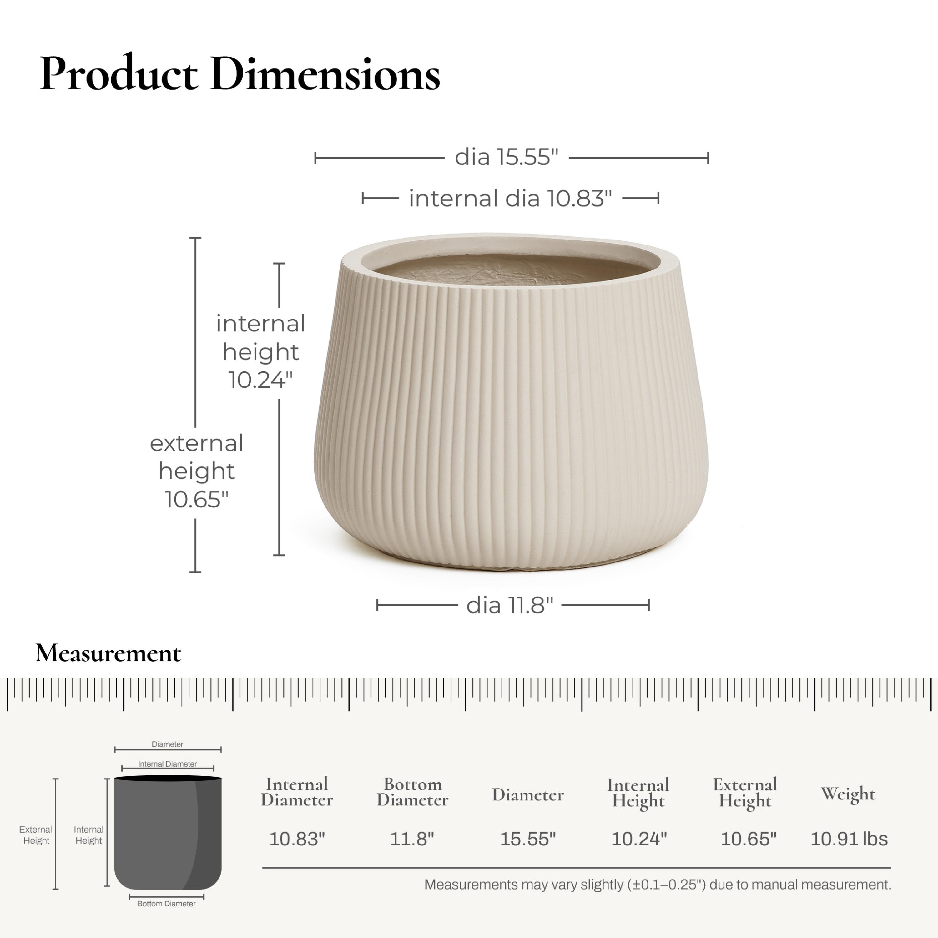 Round Ribbed Pot White Accent Planters – Off-White Ribbed Round Pot 15.55