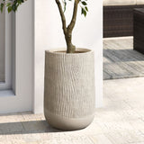 Wood-Look Textured MgO Planter, 19" Tall Beige Decorative Garden Pot