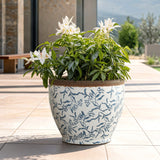 Blue and White Round Planter Pot with Floral Pattern, Large Ceramic Pot with Drainage 15.2'' Dia