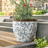 Blue and White Round Planter Pot with Floral Pattern, Large Ceramic Pot with Drainage 12.2'' Dia