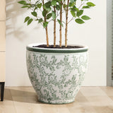 Green and White Round Planter Pot with Floral Pattern, Large Ceramic Pot with Drainage 15.6'' Dia