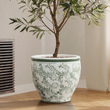 Green and White Round Planter Pot, Large Ceramic Pot with Drainage 11.4'' Dia