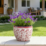 Red and White Round Planter Pot, Large Ceramic Pot with Drainage 12.2'' Dia
