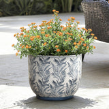 Blue and White Round Planter Pot with Floral Pattern, Large Ceramic Pot with Drainage 15.6'' Dia