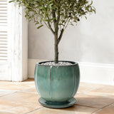 Jade Green Large Round Ceramic Planter with Attached Saucer, Glazed Indoor Outdoor Planter Pot 11.4'' Dia