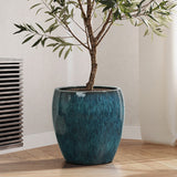 Blue Glazed Round Ceramic Planter Pot, Small Pots for Plants with Drainage Hole 12'' Dia