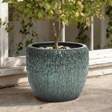 Antique Green Ceramic Planter Pot with Textured Surface, Round Flower Pots for Plants 14'' Dia
