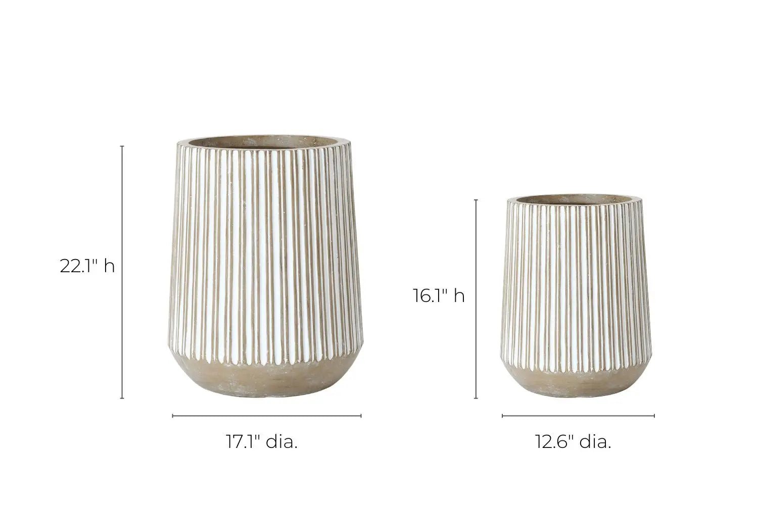 The magnesium oxide planters, featuring beige and white stripes, are available in two sizes: the weather-resistant larger planter stands 22.1 inches high with a 17.1-inch diameter, while the smaller option measures 16.1 inches high and has a 12.6-inch diameter.