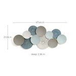This abstract wall art features circular metal discs in gray, blue, and white tones. With dimensions of 47.44 inches wide, 21.06 inches high, and 2.36 inches deep, this vintage metal wall decoration adds a touch of elegance to any space.