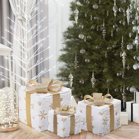 White-and-gold-set-of-three-snowflake-design-Christmas-presents-decor