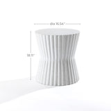 The Speckled White Fluted Hourglass Outdoor Side Table, made from MgO, stands at 18.11 inches tall with a 16.54-inch diameter, displayed against a plain background.