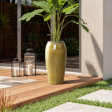 Olive Green with Brown Ceramic Tall Round Planter，23''