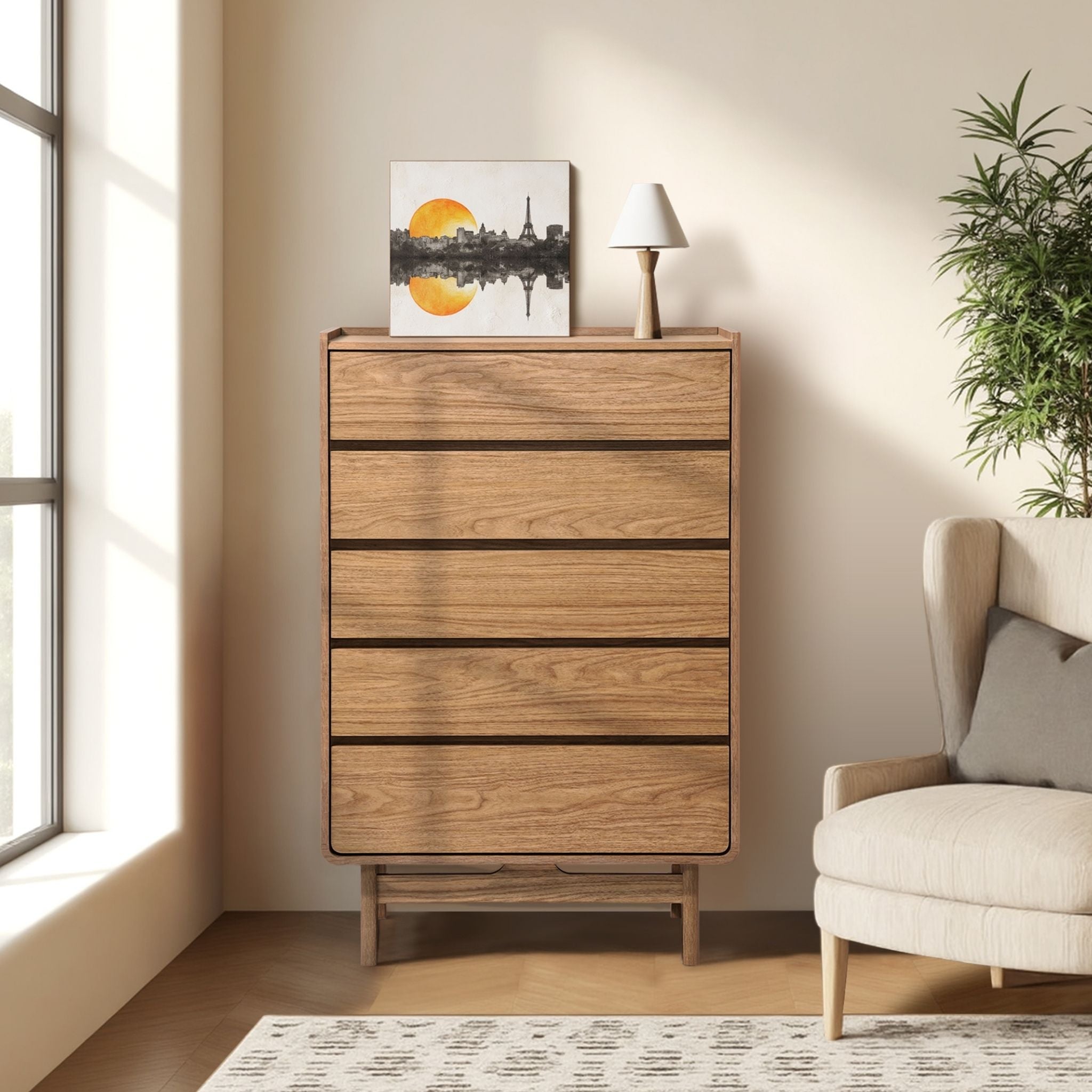 LuxenHome Summer Oak Engineered Wood 48.5-Inch Tall 5-Drawer Bachelor Chest - Brown LuxenHome Summer Oak Engineered Wood 48.5-Inch Tall 5-Drawer Bachelor Chest - Brown