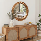 Rustic Natural Solid Wood Frame Round Wall Mirror, 28"H