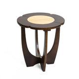 The LuxenHome Sunflower wood end/side table features a petal design crafted from natural wood. It boasts a light-colored circular tabletop center and flared, supportive legs, exuding modern artistic charm by blending form and function seamlessly.