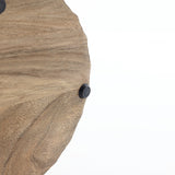 A close-up reveals a black rubber foot on the LuxenHome Dark Oak Finish Fluted Round Side Table, highlighting its modern aesthetic. The natural, grainy dark oak texture contrasts beautifully against the plain white background.