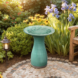 Green Outdoor Ceramic Birdbath with Peacock Feather Design, 20''