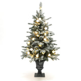 Pre-Lit Snow-Flocked Christmas Tree with Pot,4Ft