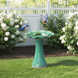 Aqua Green Ceramic Toadstool Birdbath with 2 Frogs, 20''