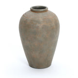 The LuxenHome Rustic brown terracotta urn vase, standing at 14.6 inches high, offers rustic elegance with its narrow opening and wide body. Its earthy tones and subtle top patterns enhance any home decor when set against a plain white background.