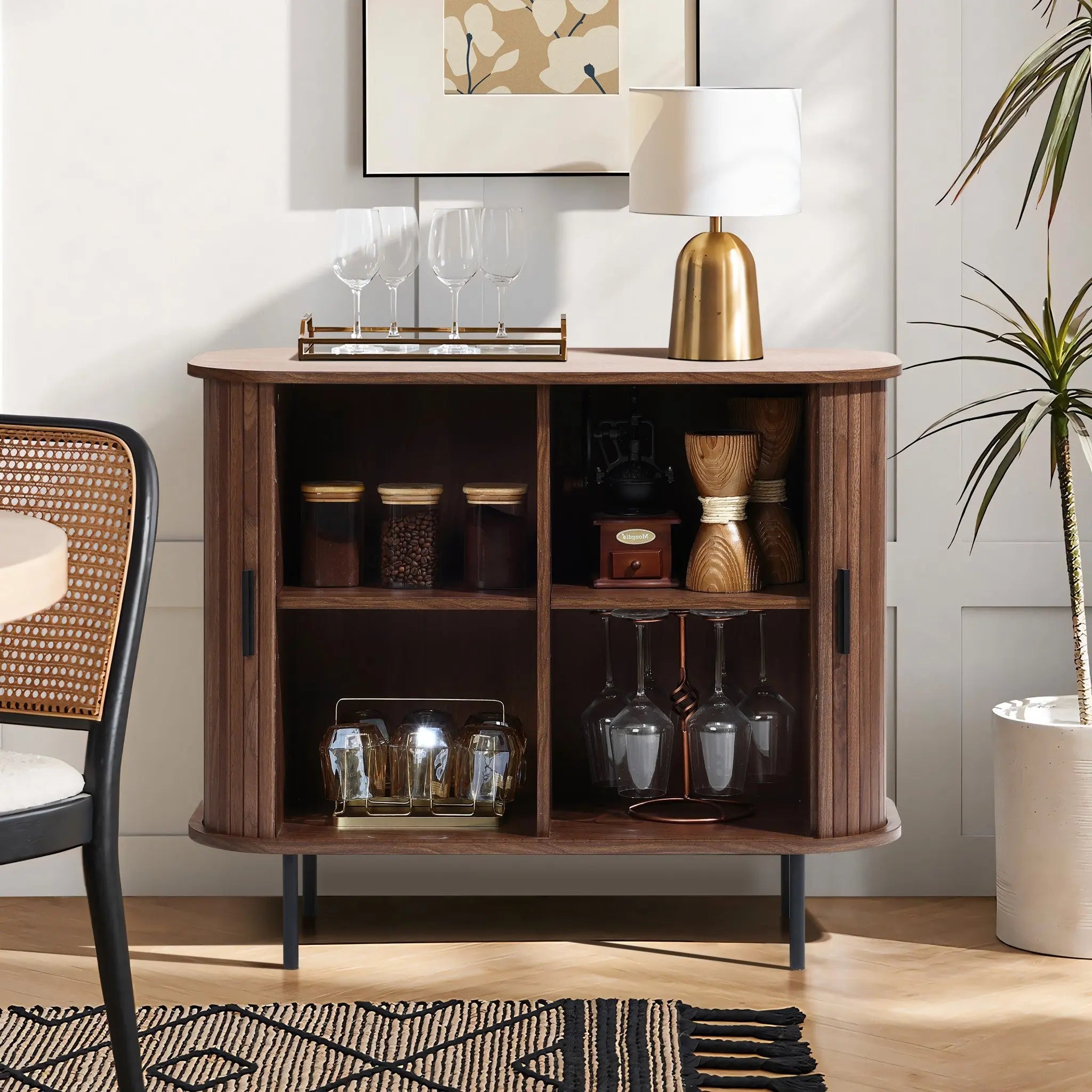 Accent Cabinet – Mid-Century Dark Oak Slatted Design – LuxenHome