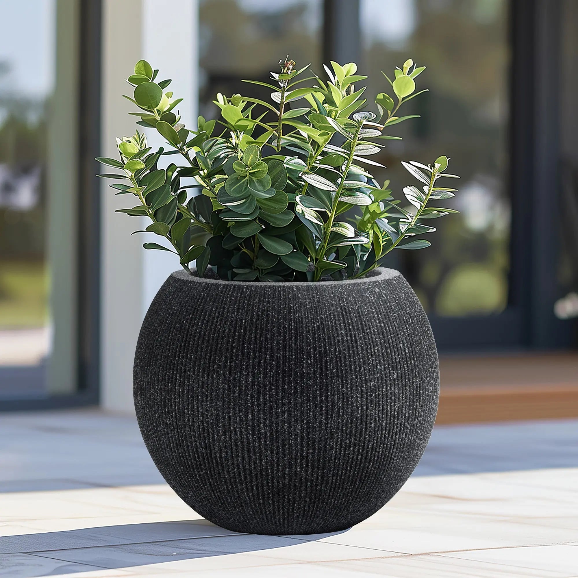 large black plant pots indoor LuxenHome 14.5" Round Bowl Plastic Planter, Mediterranean Black