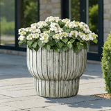 Green Ribbed Planter Pot, Vintage Fluted Plant Pot with Drainage 16.1'' Dia